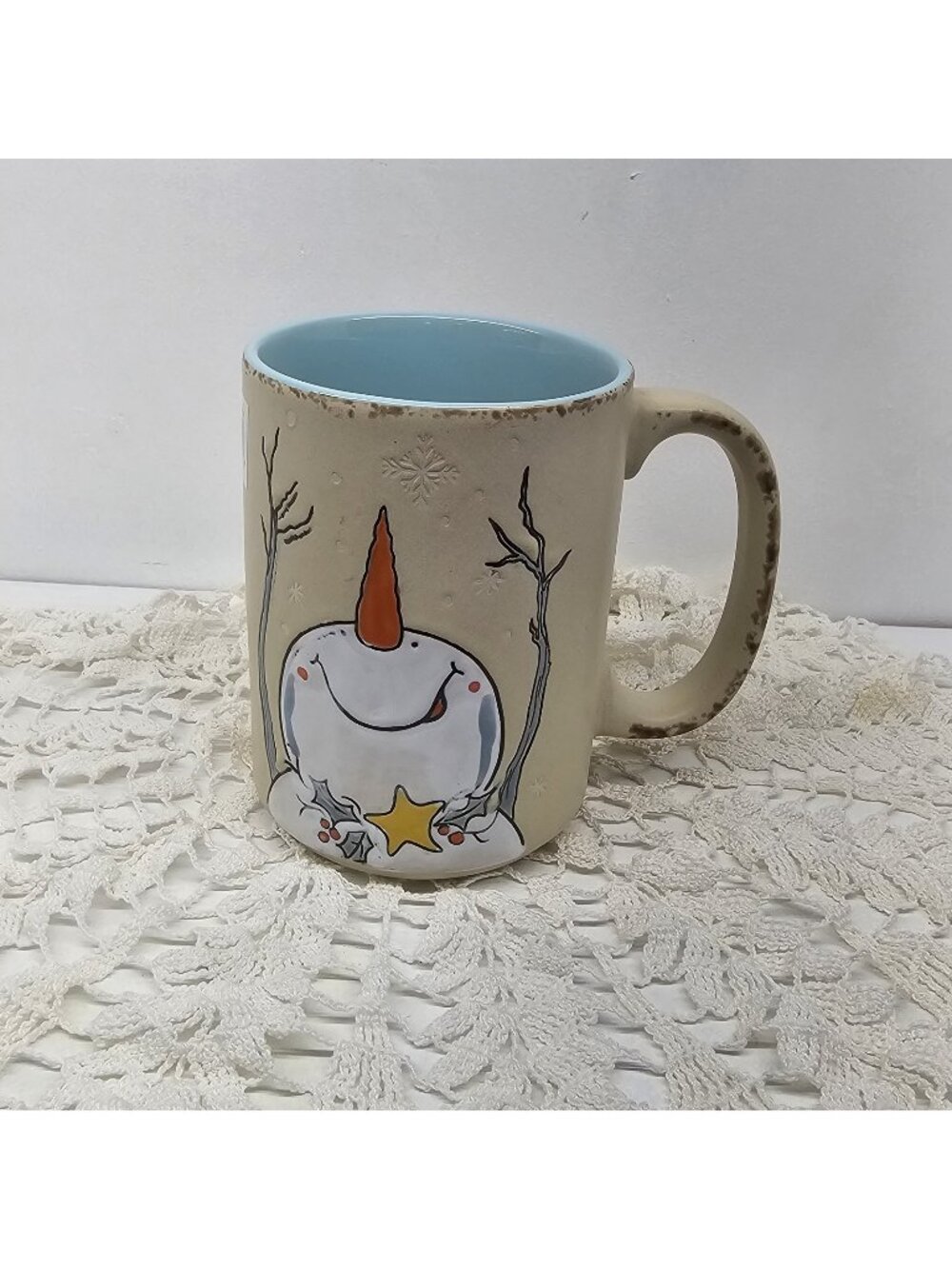 NEW Blue Sky Clayworks Snowman Christmas Mug 18oz Tan Blue Interior Whimsical